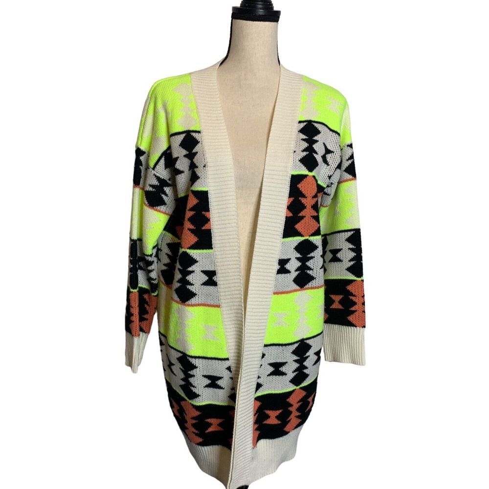 Coco Love Cardigan Large Duster Open Fringe Boho Aztec Neon‎ Green Long Sleeve